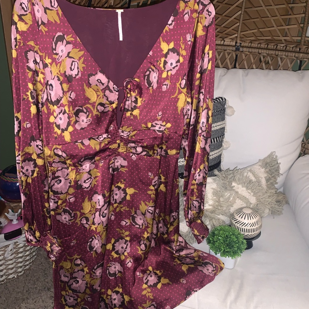 Size 12 FREE PEOPLE  burgundy floral bohemian peasant dress
